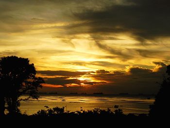 Scenic view of silhouette trees against orange sky