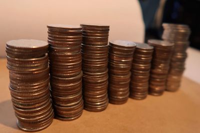 Close-up of coins on table