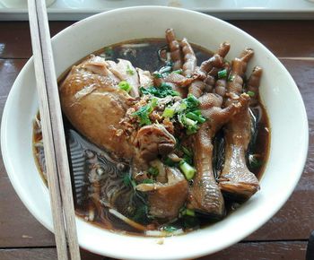 High angle view of soup in bowl on table