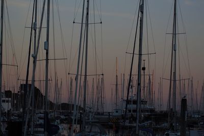 Sailboats moored in harbor at sunset