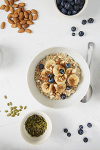 High angle view of breakfast served on table