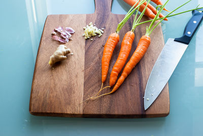 High angle view of chopped vegetables on cutting board