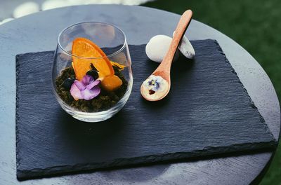 High angle view of food in plate on table