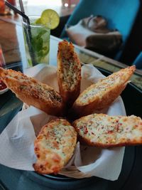 High angle view of bread in plate on table