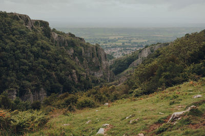 Scenic view from the top of cheddar gorge near the village of cheddar, somerset, england.