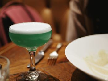 Close-up of beer in glass on table