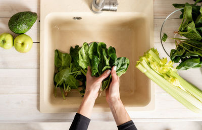 Cropped hands of young woman washing spinach in kitchen sink