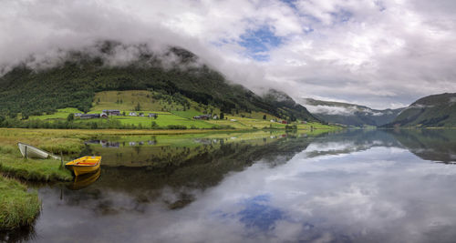 Scenic view of lake and mountains against sky