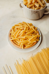 High angle view of noodles in bowl on table