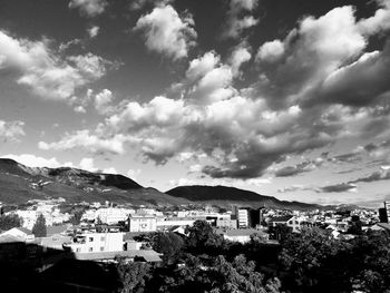 High angle shot of townscape against sky