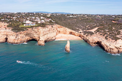 Aerial from praia do carvalho near benagil in the algarve portugal