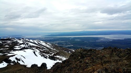 Scenic view of mountains against cloudy sky