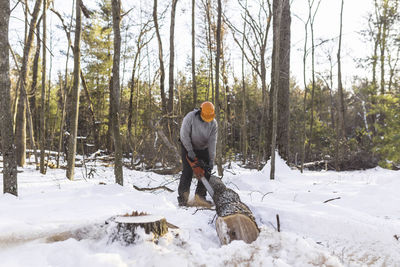 Lumberjack cutting tree trunk on snow covered filed in forest