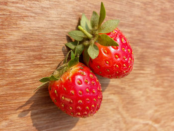 High angle view of strawberries on table