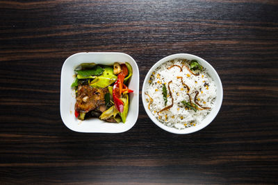 High angle view of meal served on table