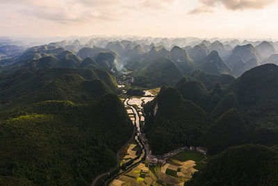 High angle view of mountains against sky