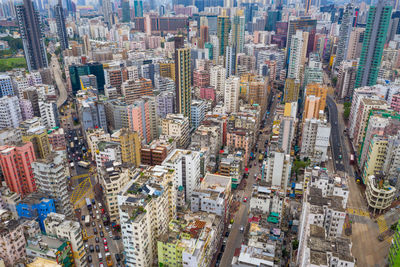 High angle view of modern buildings in city
