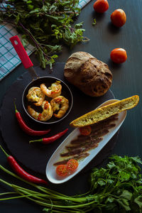 High angle view of food served on table