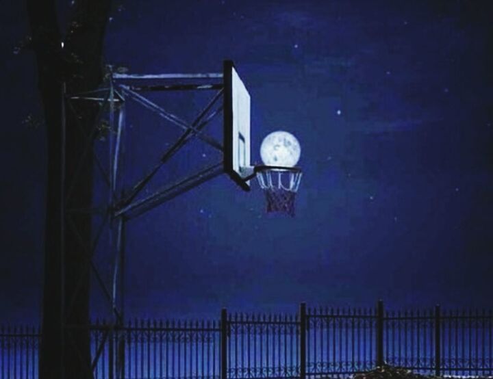 no people, outdoors, night, basketball hoop