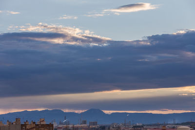 Aerial view of city against sky during sunset