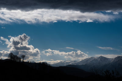 Scenic view of silhouette mountains against sky