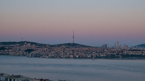 View of buildings in city at sunset