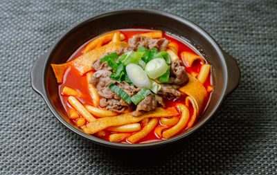 High angle view of food in bowl on table