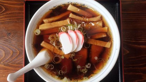 High angle view of soup in bowl