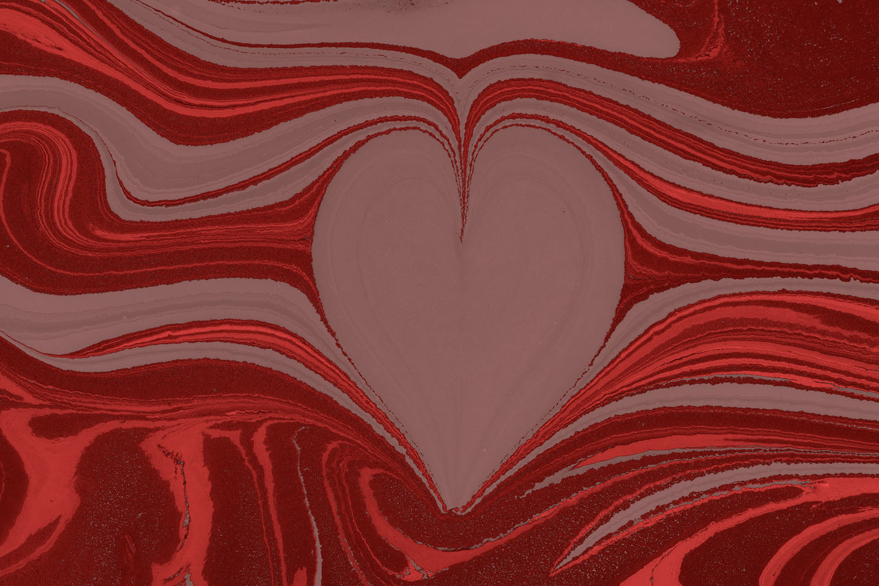 FULL FRAME SHOT OF HEART SHAPE MADE ON RED FABRIC