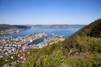 High angle view of townscape by sea against sky