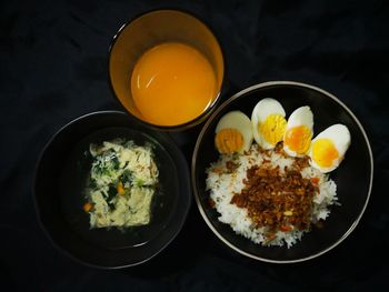 High angle view of breakfast served on table