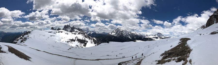 Panoramic view of snowcapped mountains against sky