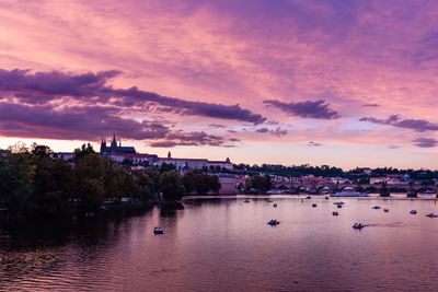 Scenic view of river against sky at sunset