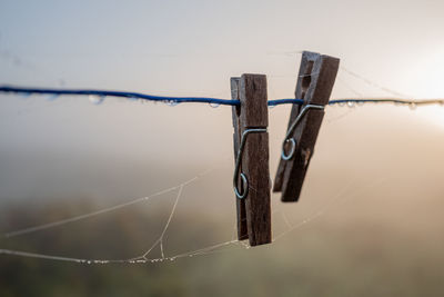 Close-up of wooden clothe peg hanging on fence