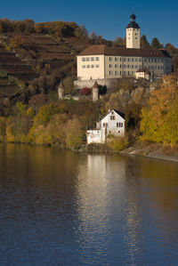 Houses by lake and buildings against sky