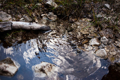 High angle view of stream flowing through rocks