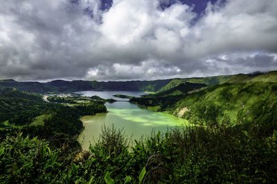 Scenic view of lake and mountains against sky