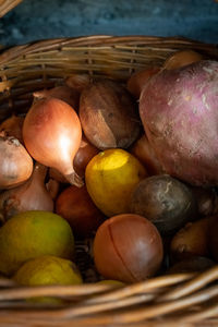 High angle view of eggs in basket