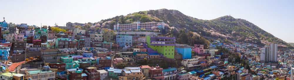 High angle shot of townscape against sky