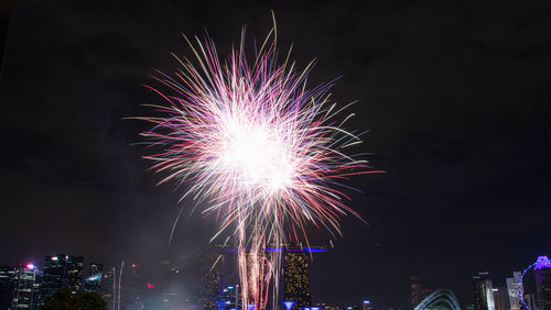 Firework display in sky at night