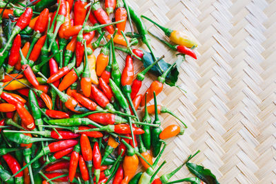 High angle view of chili peppers