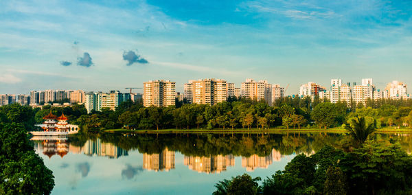 Reflection of trees and buildings in lake