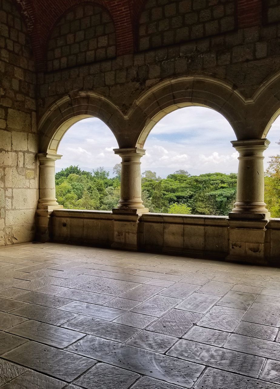 PLANTS AND HISTORIC BUILDING SEEN THROUGH ARCH