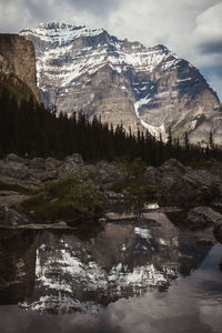 Reflection of mountain in the lake at the consolation lakes, banff np, canada