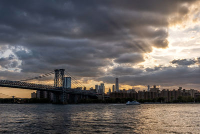 View of bridge over city at sunset