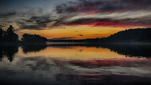 Scenic view of lake against orange sky