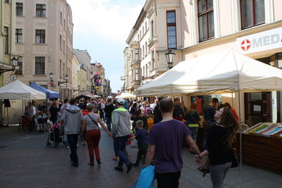 High angle view of people in city