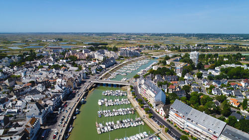 High angle view of town against clear sky