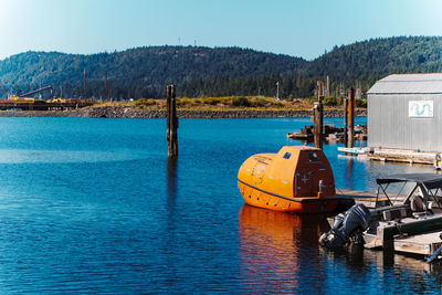 An orange submarine at ladysmith's marina