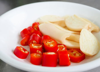 High angle view of chopped vegetables in bowl